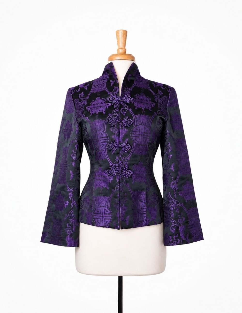 Vintage Old Shanghai Silk Jacket Women 8 Purple Black Brocade Frog Closure
